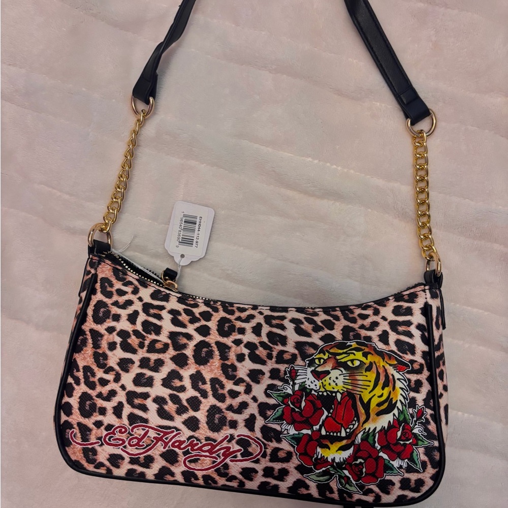 Ed Hardy Pink Leopard Shoulder Bag with Tiger and Roses